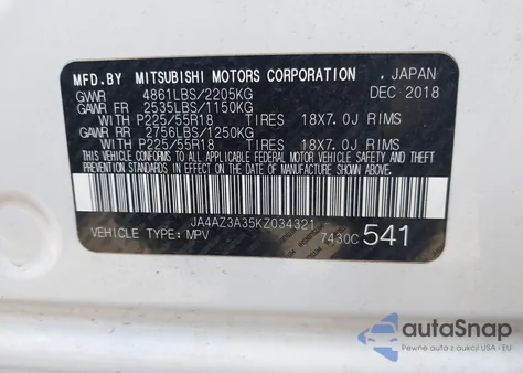 2019 Mitsubishi Outlander Se from USA, damaged, VIN JA4AZ3A35KZ034321